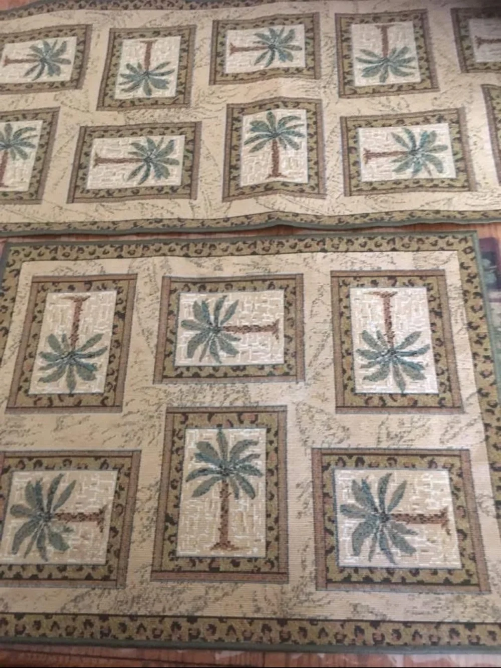 12 Tropical Palm Print & Teal placements & runner with green & beige
